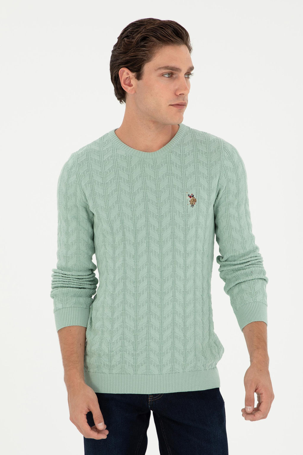 Erkek Slim Fit Bisiklet Yaka Su Ye_ili Basic Kazak