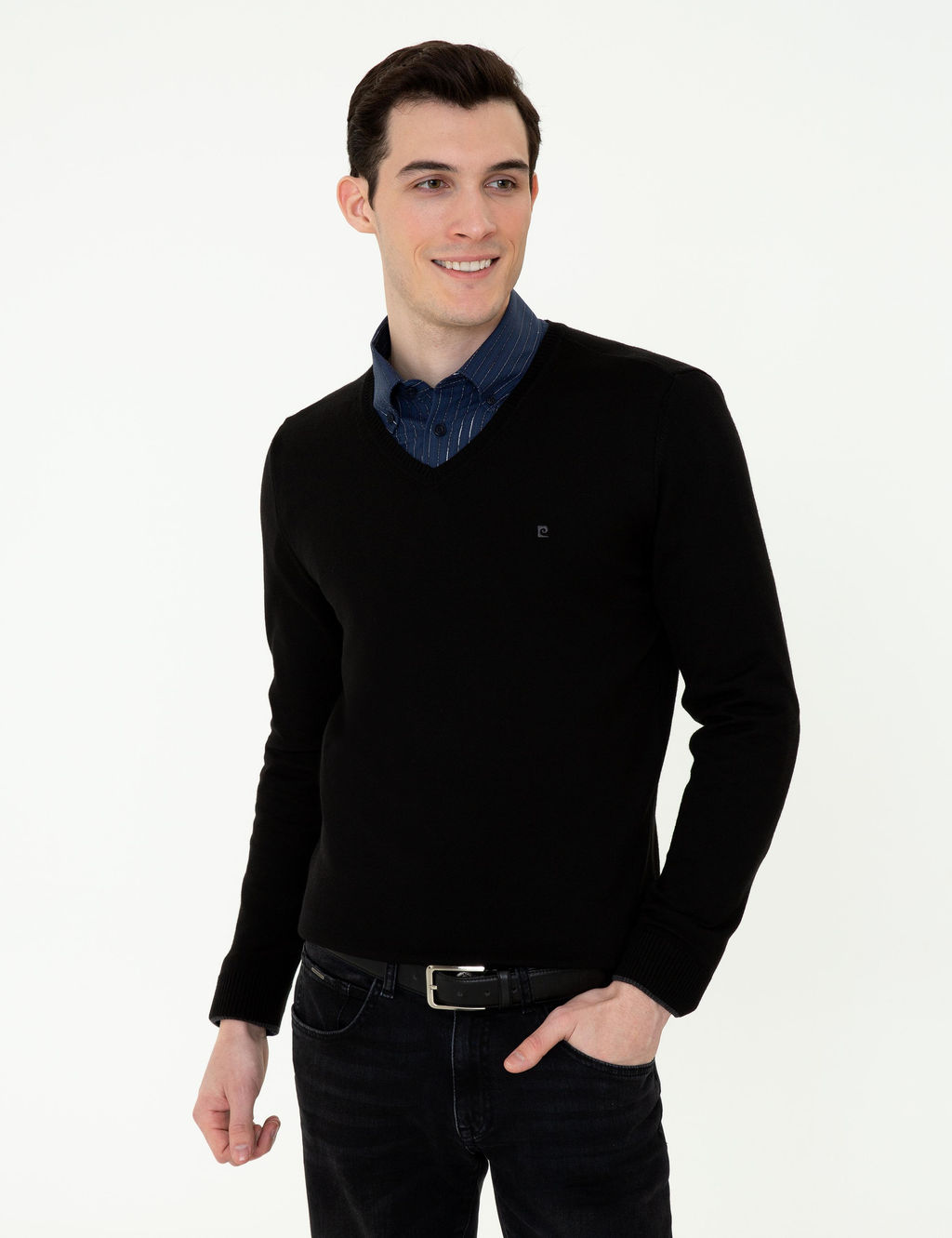 Siyah Slim Fit V Yaka Basic Triko Kazak - Pierre cardin фото 3