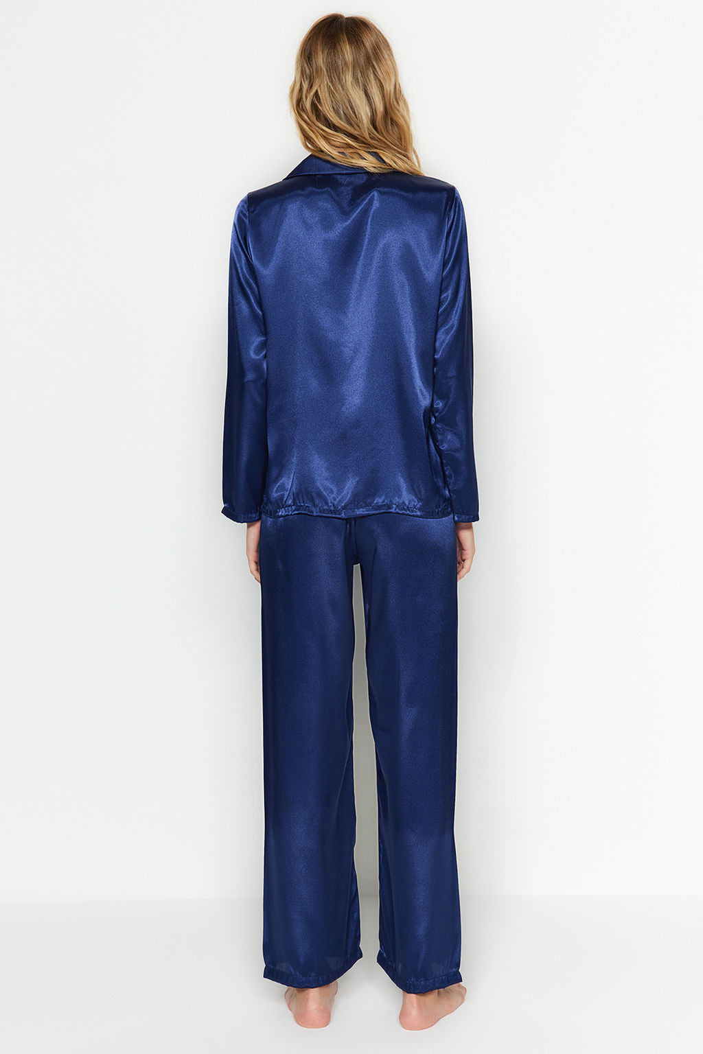 Lacivert Saten Gomlek-Pantolon Dokuma Pijama Tak?m? THMAW24PT00026 - Trendyolmilla фото 8