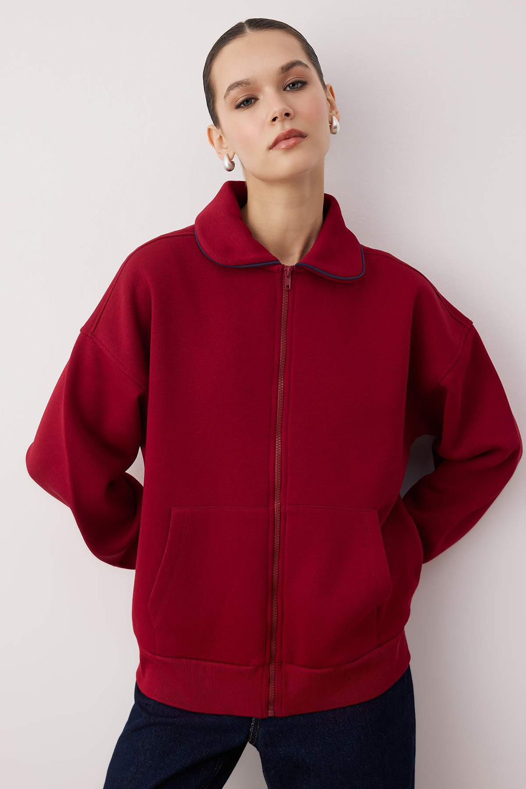 Bordo Polo Yaka Biyeli Oversize/Genis Kal?p Orme Sweatshirt TWOAW26SW00195
