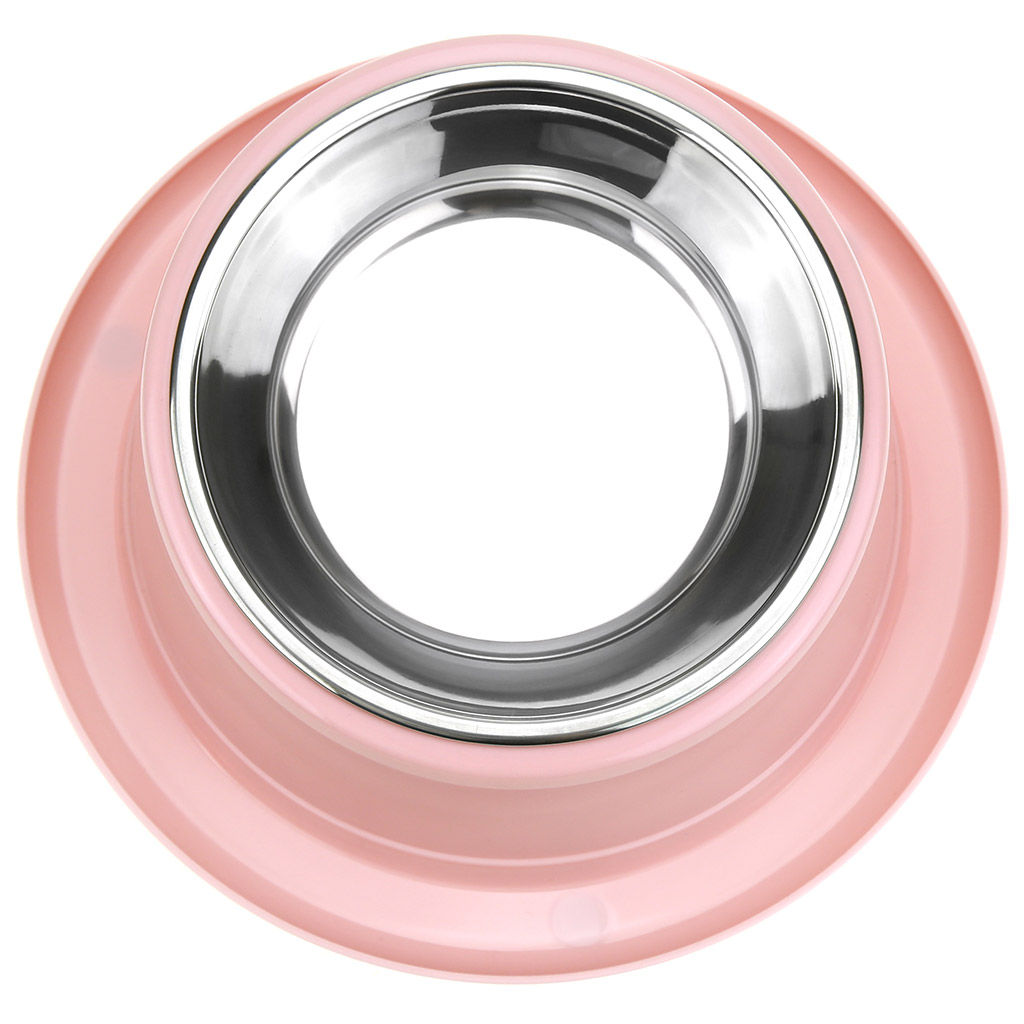 Миска для кормления животных из нержавеющей стали Шляпа 0,4л, д14см h3,4см, пластмассовая подставка д22х8-6см, скошенная, цвета микс (Китай) - Pet toys фото 3