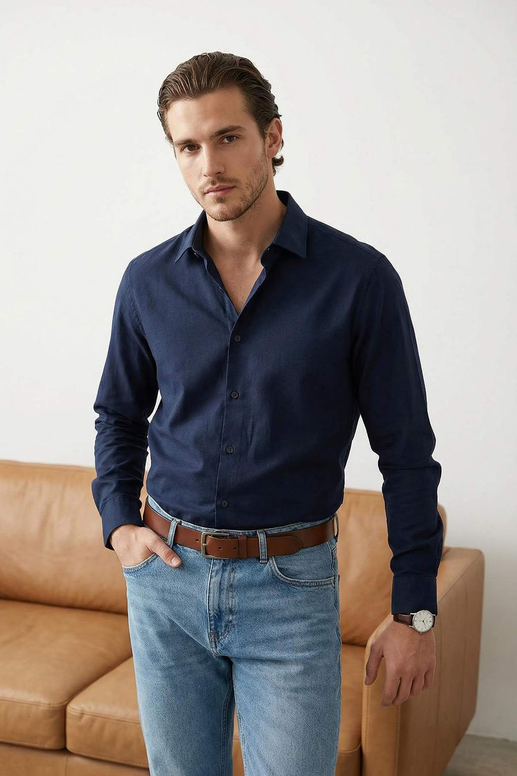 Lacivert Regular Fit Gabardin Dokulu Kolay Utulenebilir Erkek Gomlek TMNSS26GO00006 - Trendyolmilla фото 15
