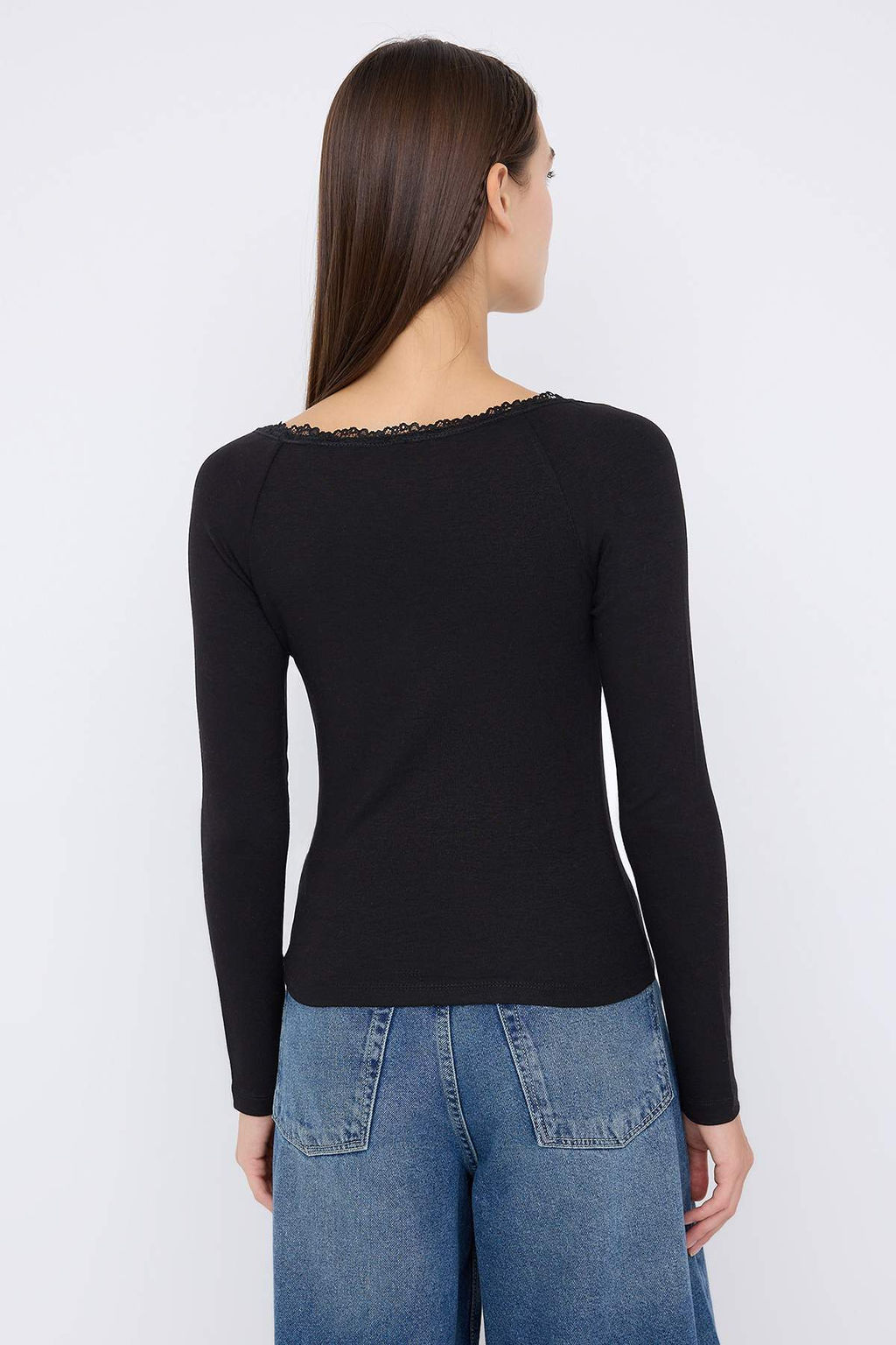 Teen Siyah Havuz Yaka Dugmeli Dantel Detayl? Vucuda Oturan Esnek Orme Bluz TWOAW26BZ00106 - Trendyolmilla фото 12