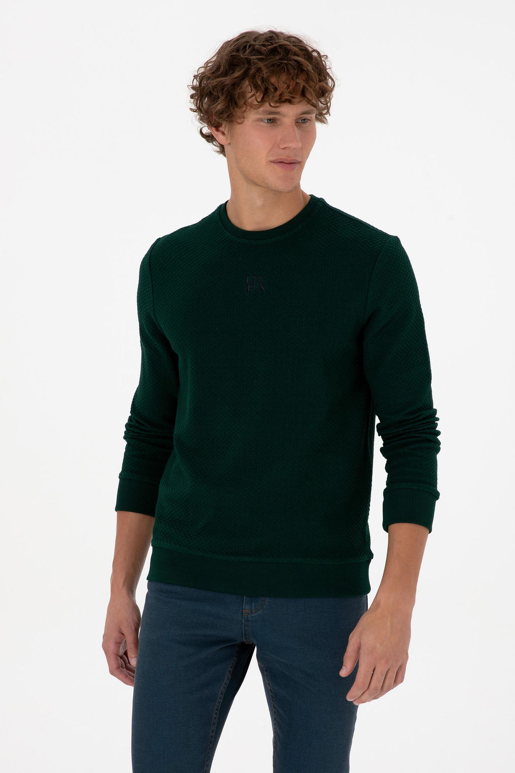 Erkek Regular Fit Bisiklet Yaka Koyu Ye_il Sweatshirt Sepette S_rpriz _ndirim