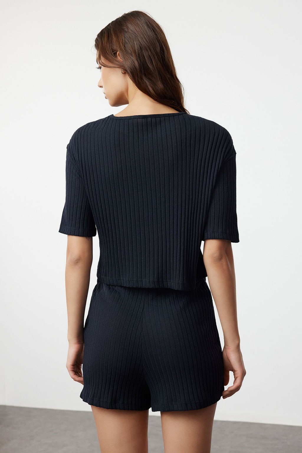 Trendyolmilla Gri Fitilli Sortlu Orme Pijama Tak?m? THMSS21PT1101 фото 6