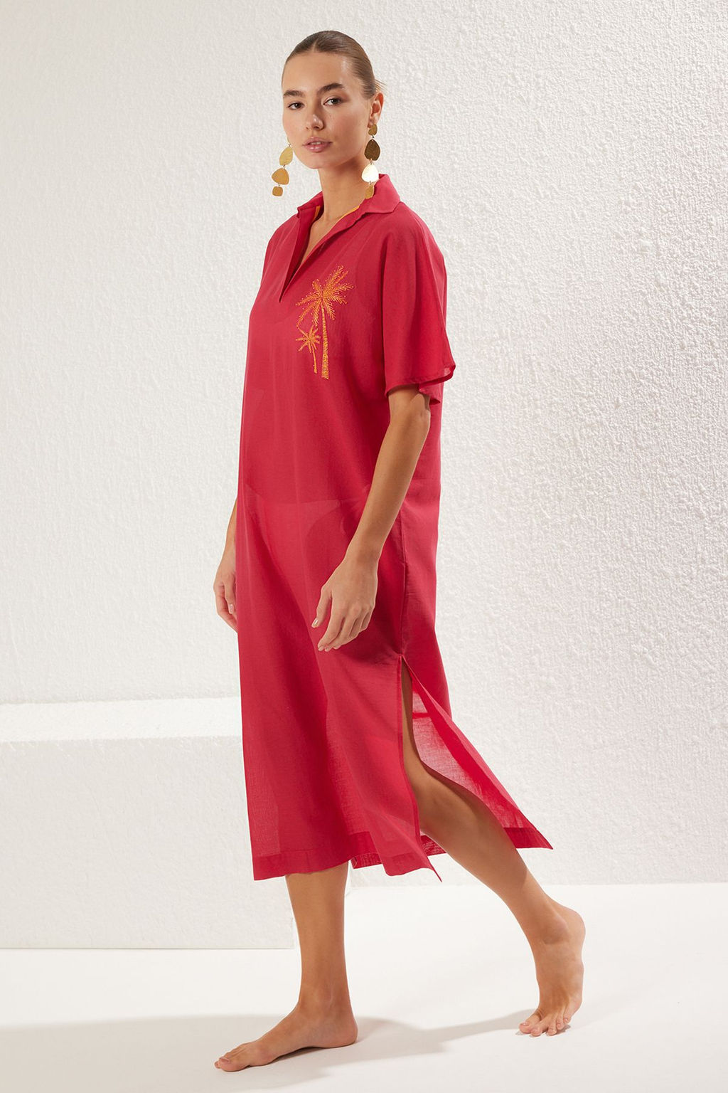 Trendyolmilla Fusya Maxi Dokuma %100 Pamuk Nak?sl? Plaj Elbisesi TBESS25EL00026  фото 3