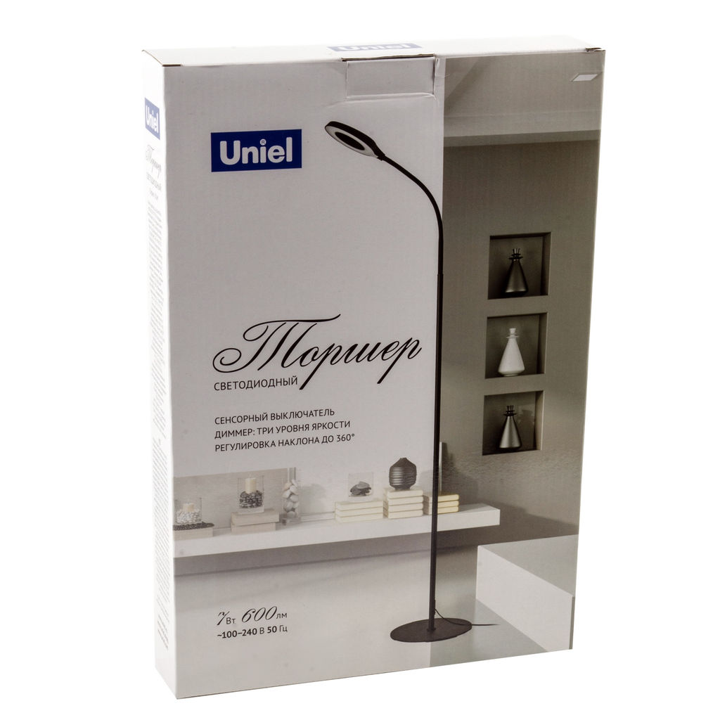 ULM-T610 7W/4500K/DIM BLACK Торшер напольный светодиодный, 7W, с регулировкой наклона. Сенсорный выключатель. Диммер. Черный. ТМ Uniel