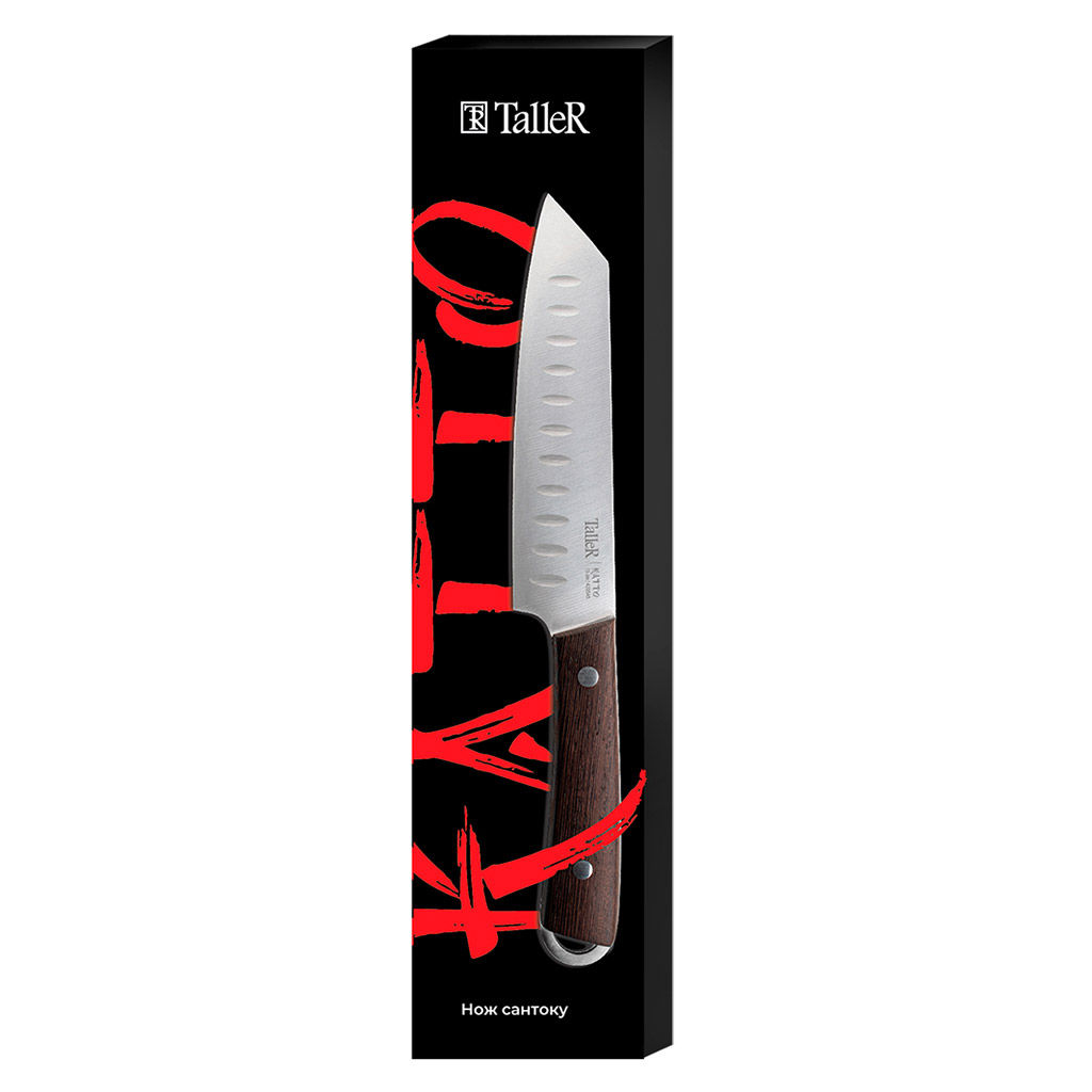 Нож поварской сантоку Katto 15см из нержавеющей стали, s2,3мм, ширина 3,6см, ручка из нержавеющей стали и дерева венге, отверстие для подвешивания, цветная коробка, TalleR (Китай) - Домашняя мода фото 2