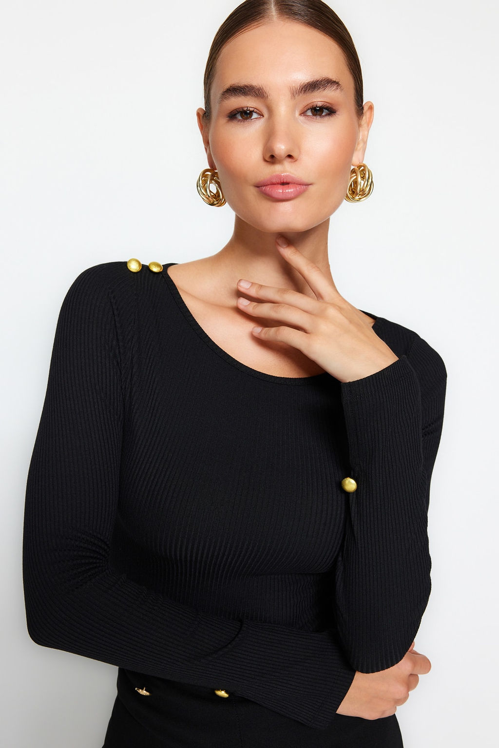 Siyah Kay?k Yaka Fitilli Esnek Regular Fit Uzun Kollu Dugme Detayl? Orme Bluz TWOAW24BZ00052 - Trendyolmilla фото 2