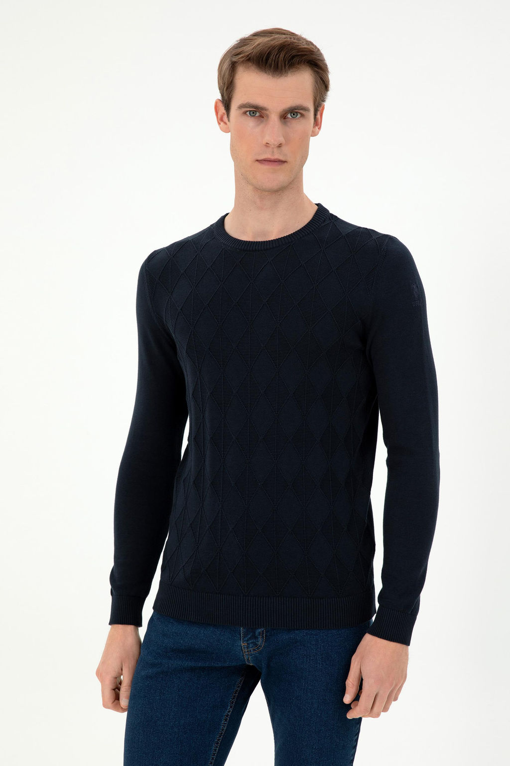 Erkek Slim Fit Bisiklet Yaka Lacivert Kazak