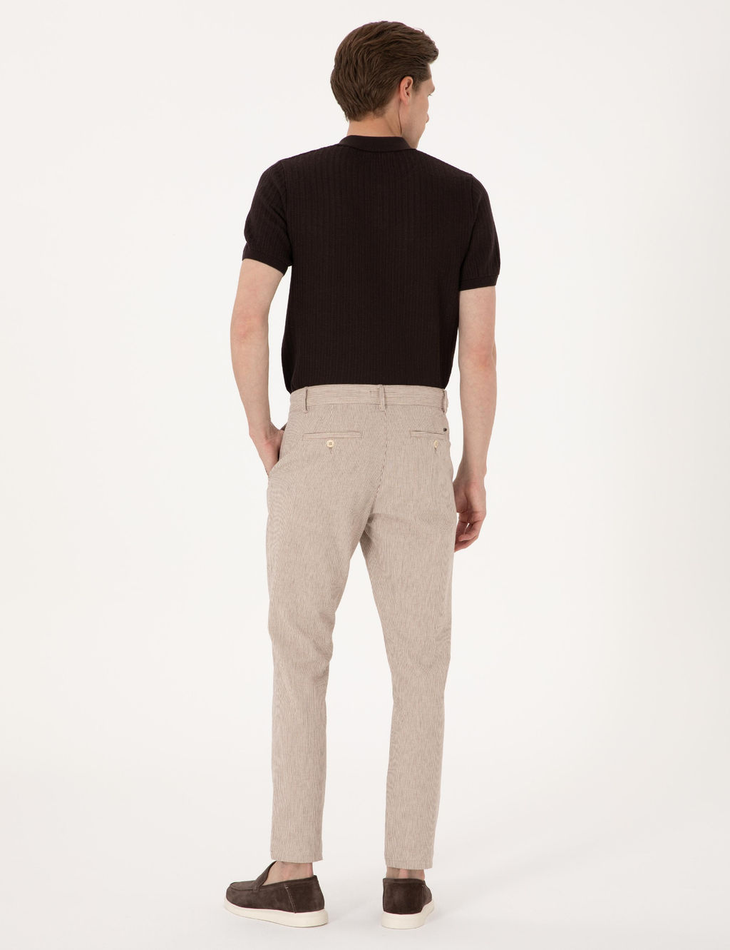 Bej Slim Fit Keten Kar___ml_ Beli _pli _izgili Kanvas Pantolon