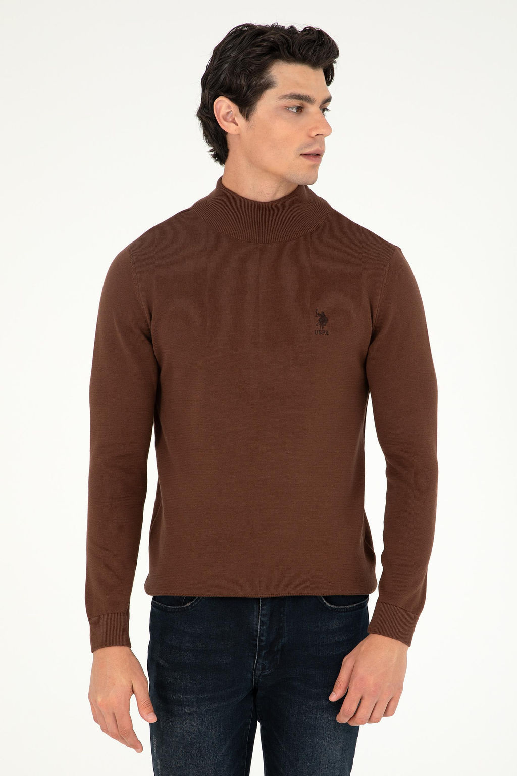 Erkek Slim Fit Yar_m Bo_azl_ Kahverengi Basic Kazak