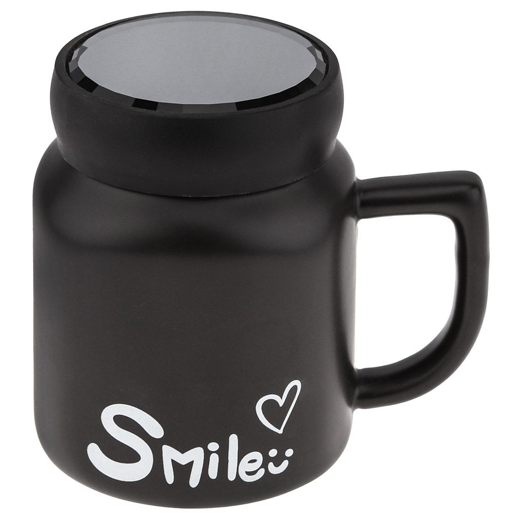 Кружка фарфоровая Smile 480мл, 8,7х8,7см h11см, матовая глазурь, с деколью, цвет - черный, пластмассовая, винтовая крышка, герметичная, с силиконовым уплотнителем, д/горла 6,3см, д/основания 6см, в подарочной коробке (Китай)