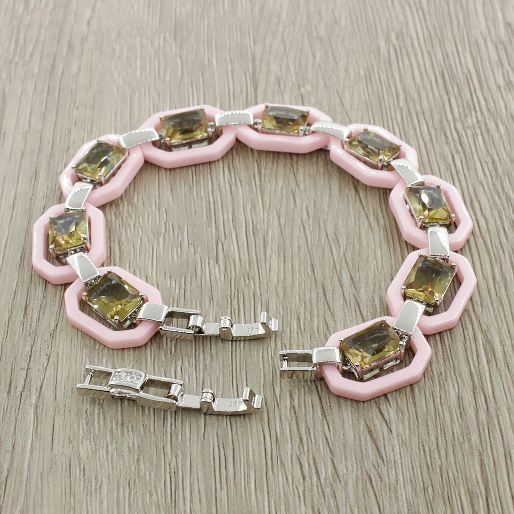 Браслет Октагон из розовой керамики с Султанитом покрытие светлый металл, длина 18см - Agat77 фото 3