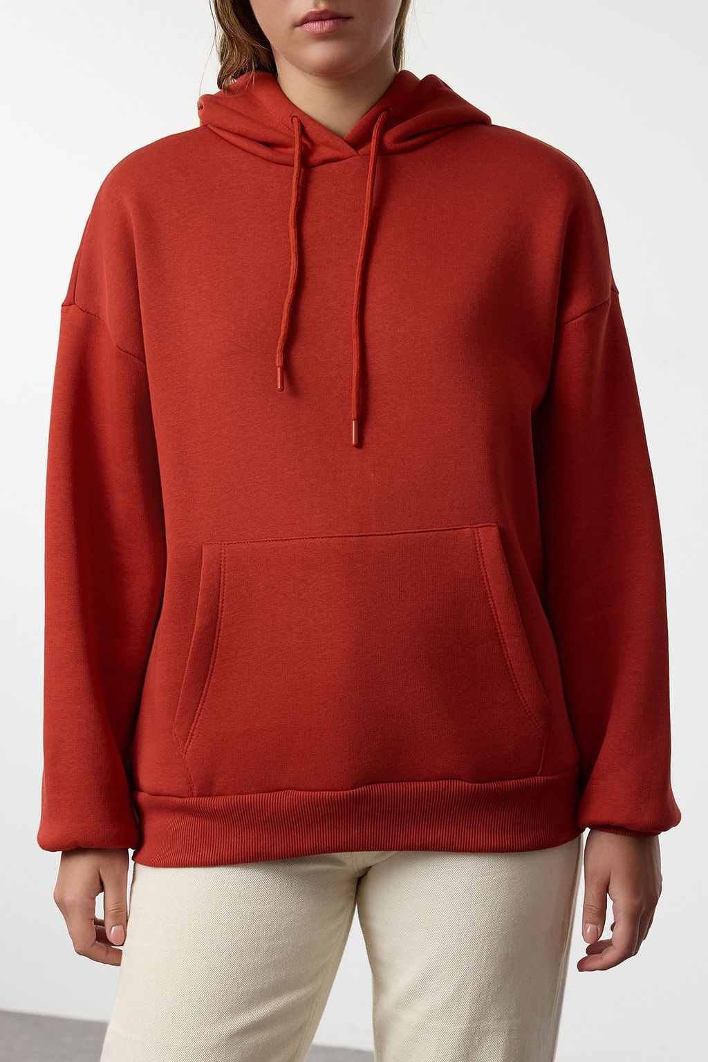 Kiremit Kal?n Ici Polarl? Oversize/Genis Kal?p Kapusonlu Basic Orme Sweatshirt TWOAW24SW00103