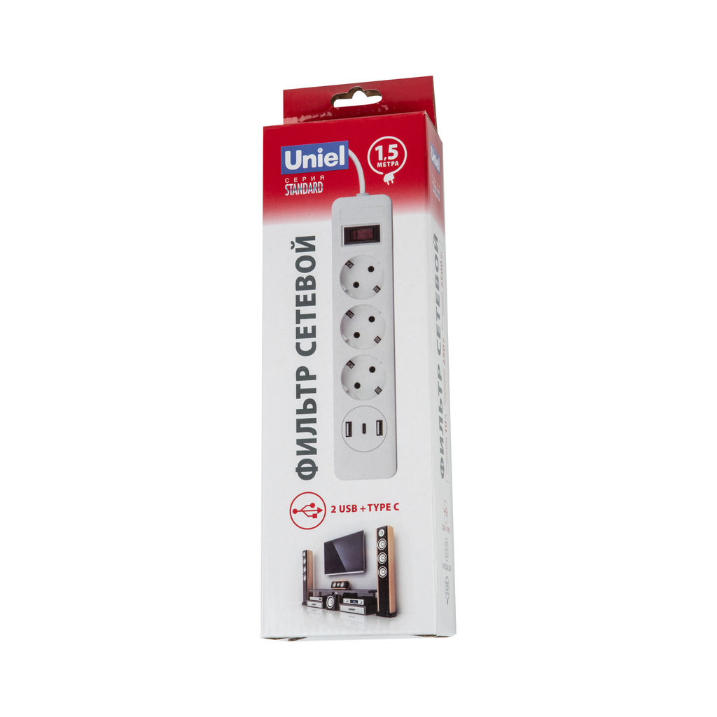 S-GSR3-1,5 U2C1 WHITE/GREY Сетевой фильтр серии Standard, шнур 1,5м (Пвс 3х0,75), 3 гнезда, с/з, 2USB+1TYPE C, 10A, 2500Вт. Белый/серый. TM Uniel