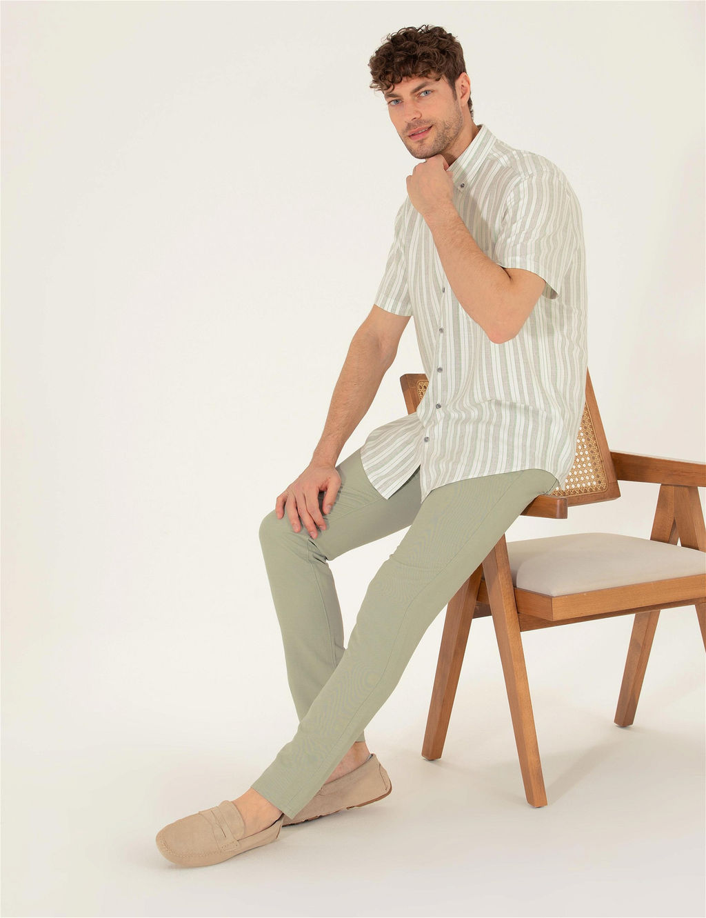 A__k Ye_il Slim Fit Keten Kar___ml_ Kanvas Pantolon