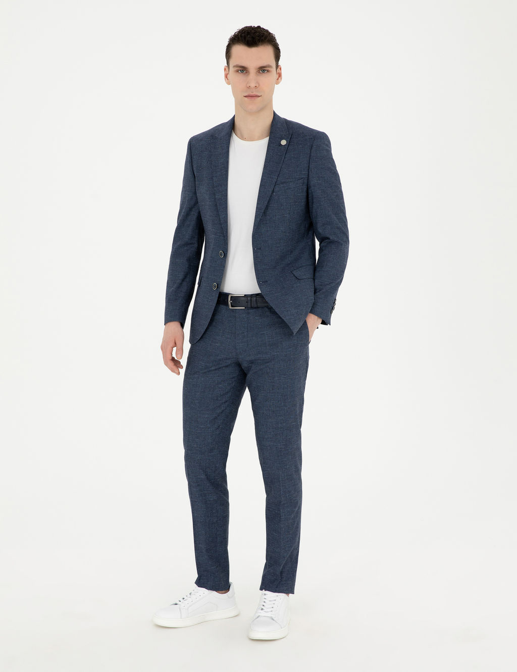 Lacivert Extra Slim Fit Y_n Keten Kar___ml_ Tak_m Elbise
