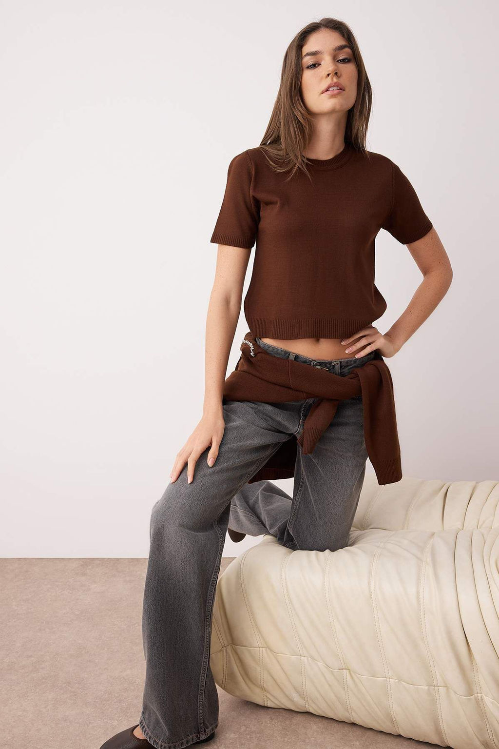 Kahverengi Mucevherli Yumusak Dokulu Ikili Triko H?rka-Bluz TWOAW26HI00007