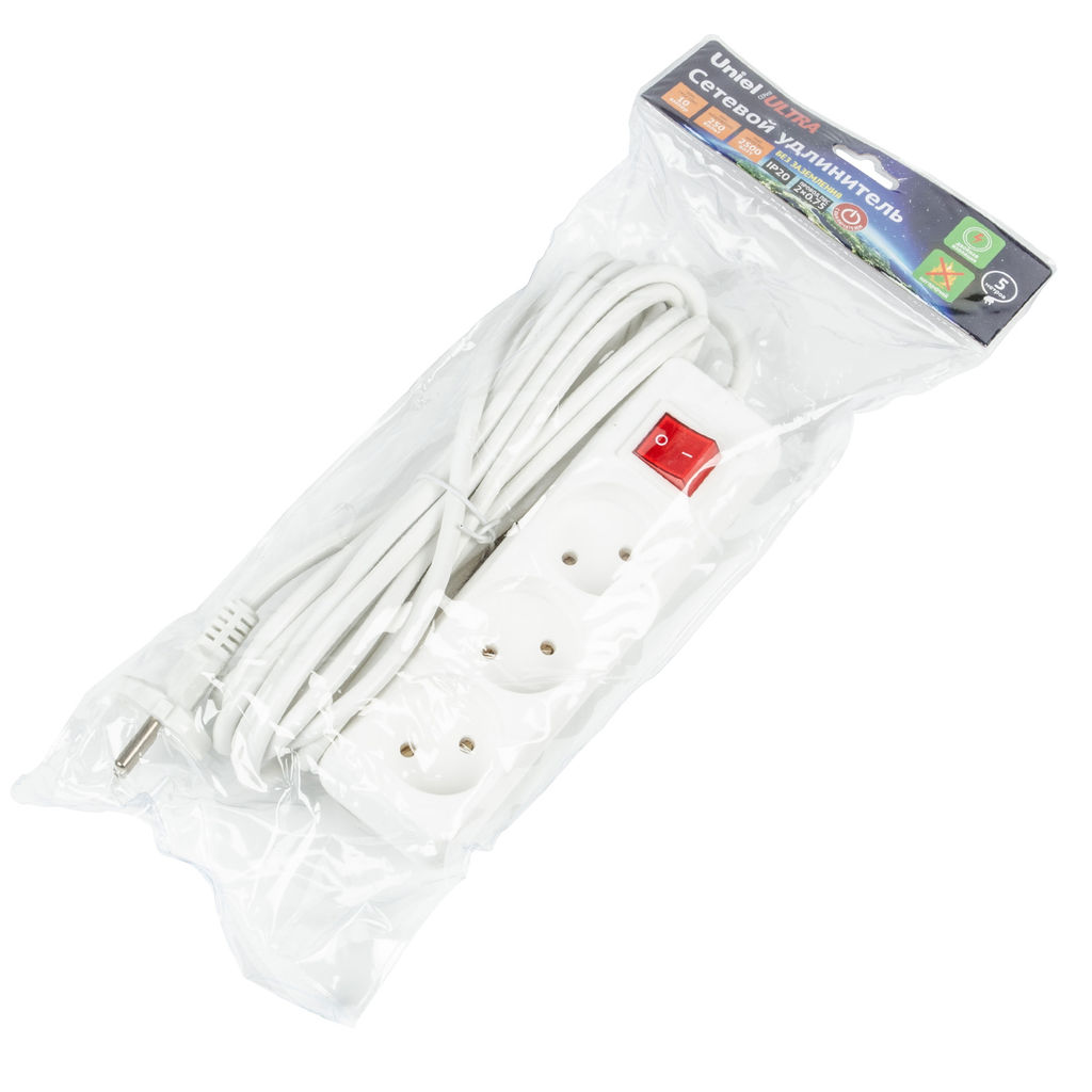 S-CU3-5B WHITE Удлинитель серии Ultra, шнур 5м., 3 гнезда, 10A, б/з. Белый. TM Uniel