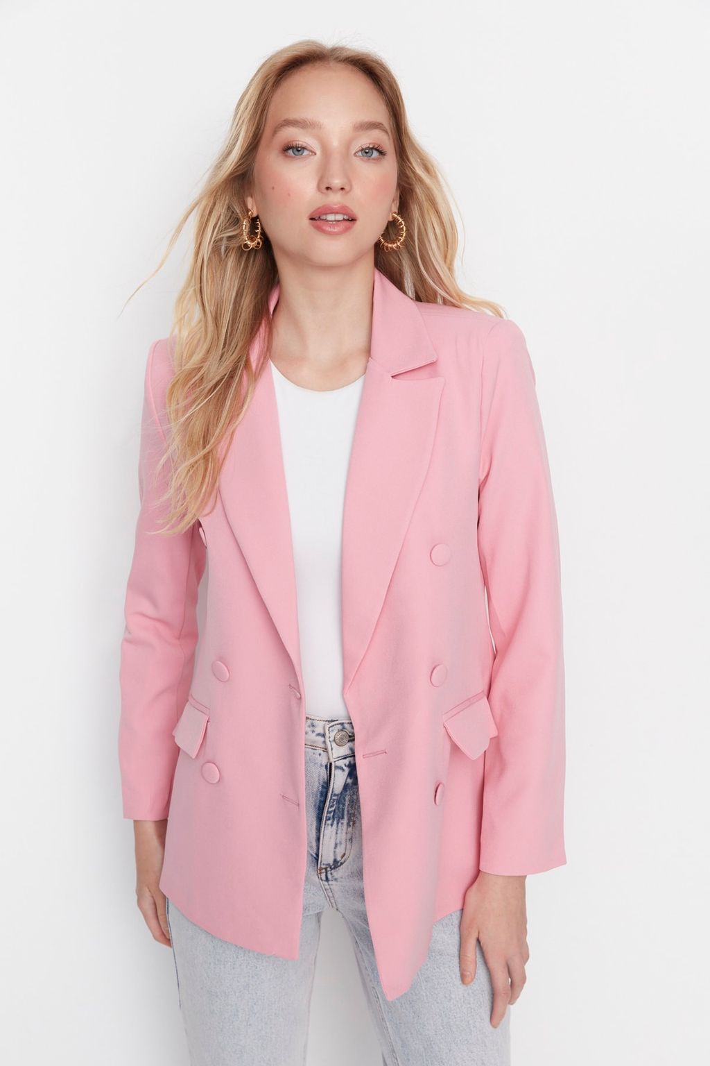 Pembe Regular Astarl? Dokuma Blazer Ceket TWOSS21CE0137