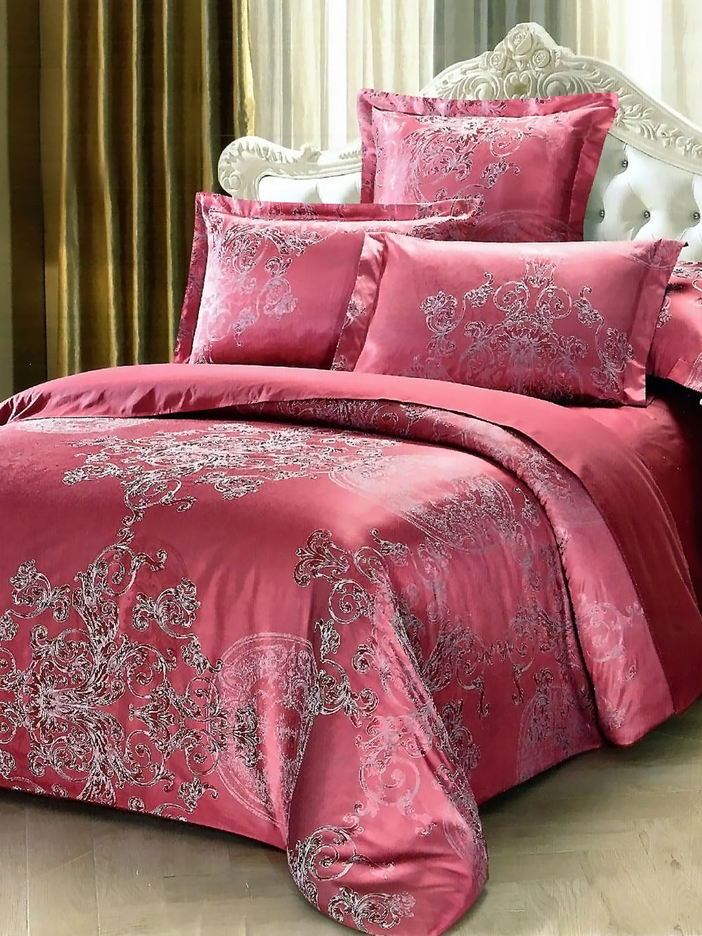 Постельное белье сатин жаккард в подарочной упаковке - Малиновое вино Семейный (нав.70х70)