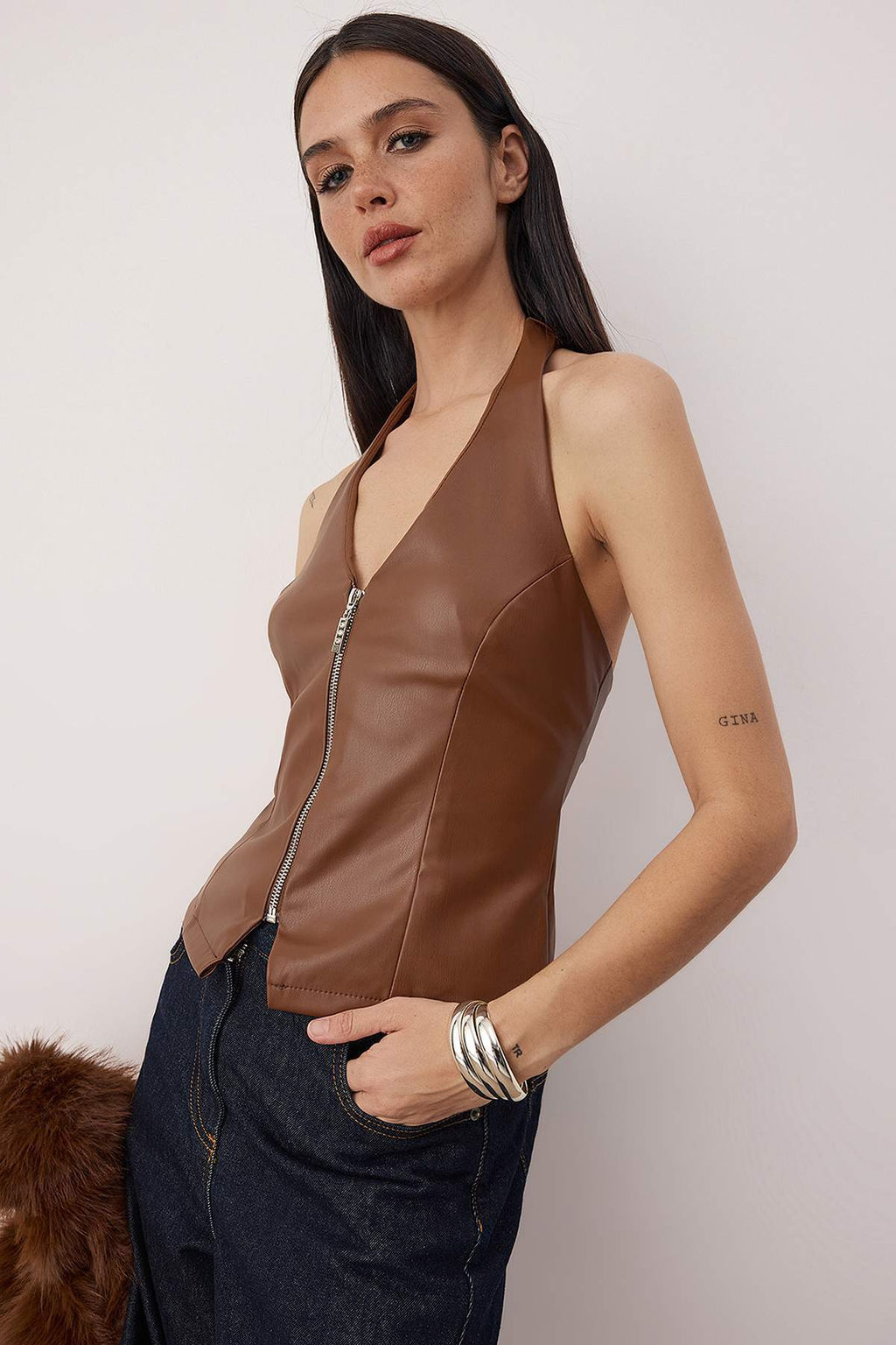 Haki V Yaka Suni Deri Fermuar Detayl? Party Bluz TPRAW26BZ00068 - Trendyolmilla фото 5