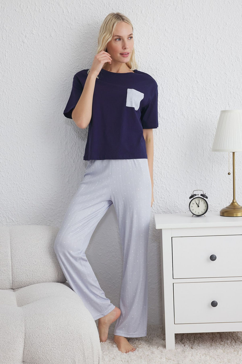 Trendyolmilla Mavi Y?ld?z Desenli Cep Detayl? Orme Pijama Tak?m? THMSS25PT00123 фото 6