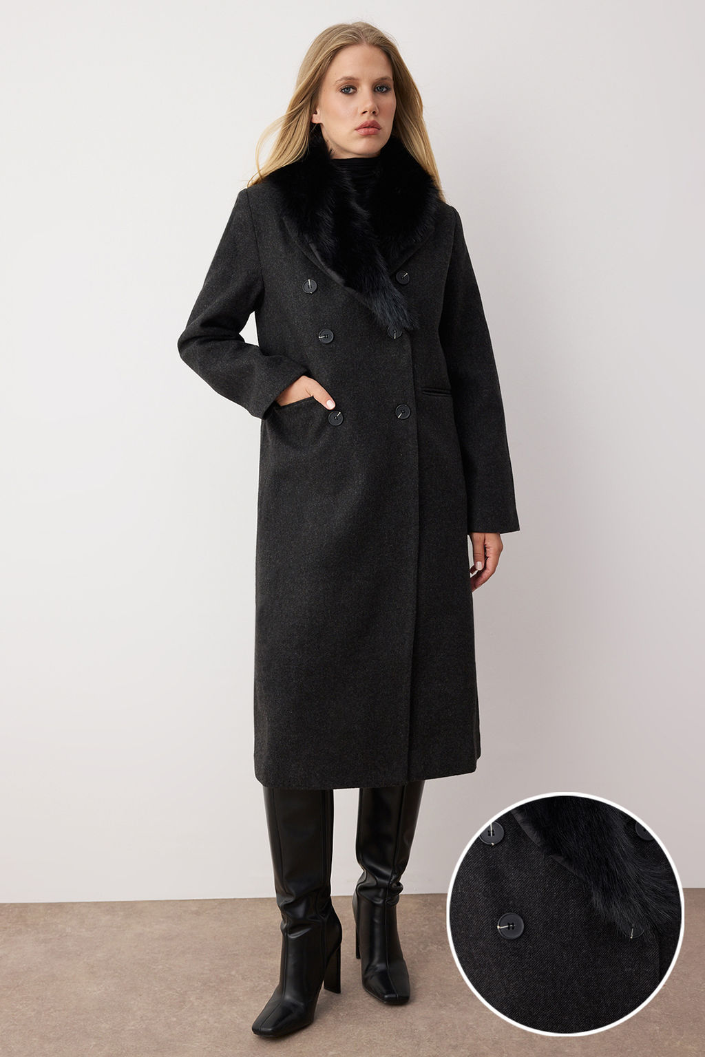 Antrasit Yakas? C?kar?labilir Kurklu Diagonel Kruvaze Oversize Uzun Kase Kaban TWOAW26KB00038 - Trendyolmilla фото 2