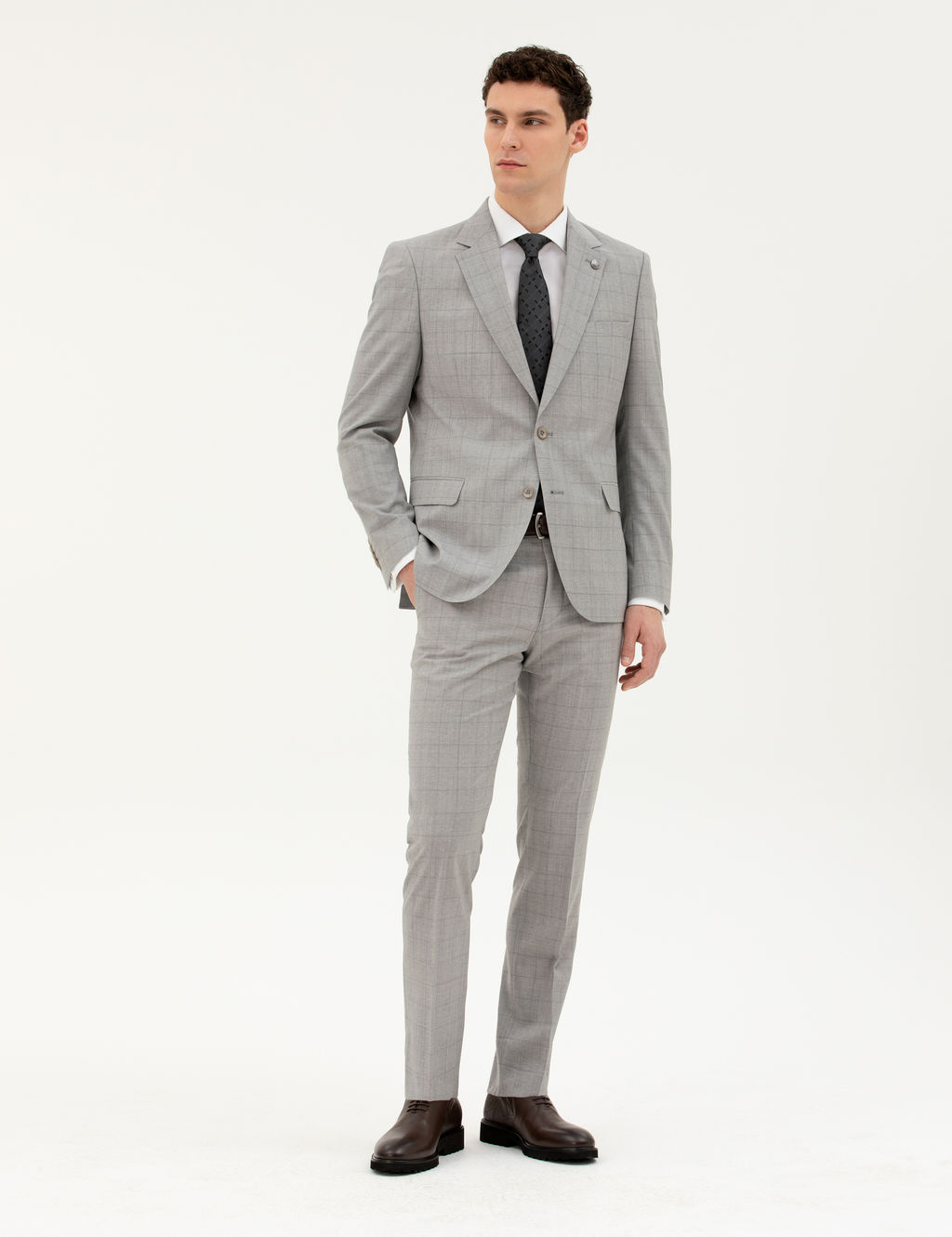 Gri Slim Fit %100 Y_n Ekose Tak_m Elbise