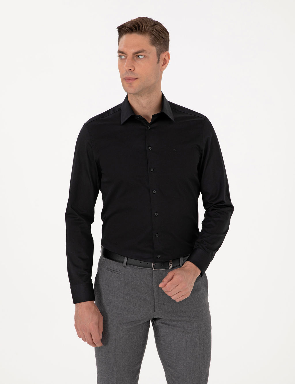 Siyah %100 Pamuk Parlak Saten Slim Fit Uzun Kollu Basic G_mlek
