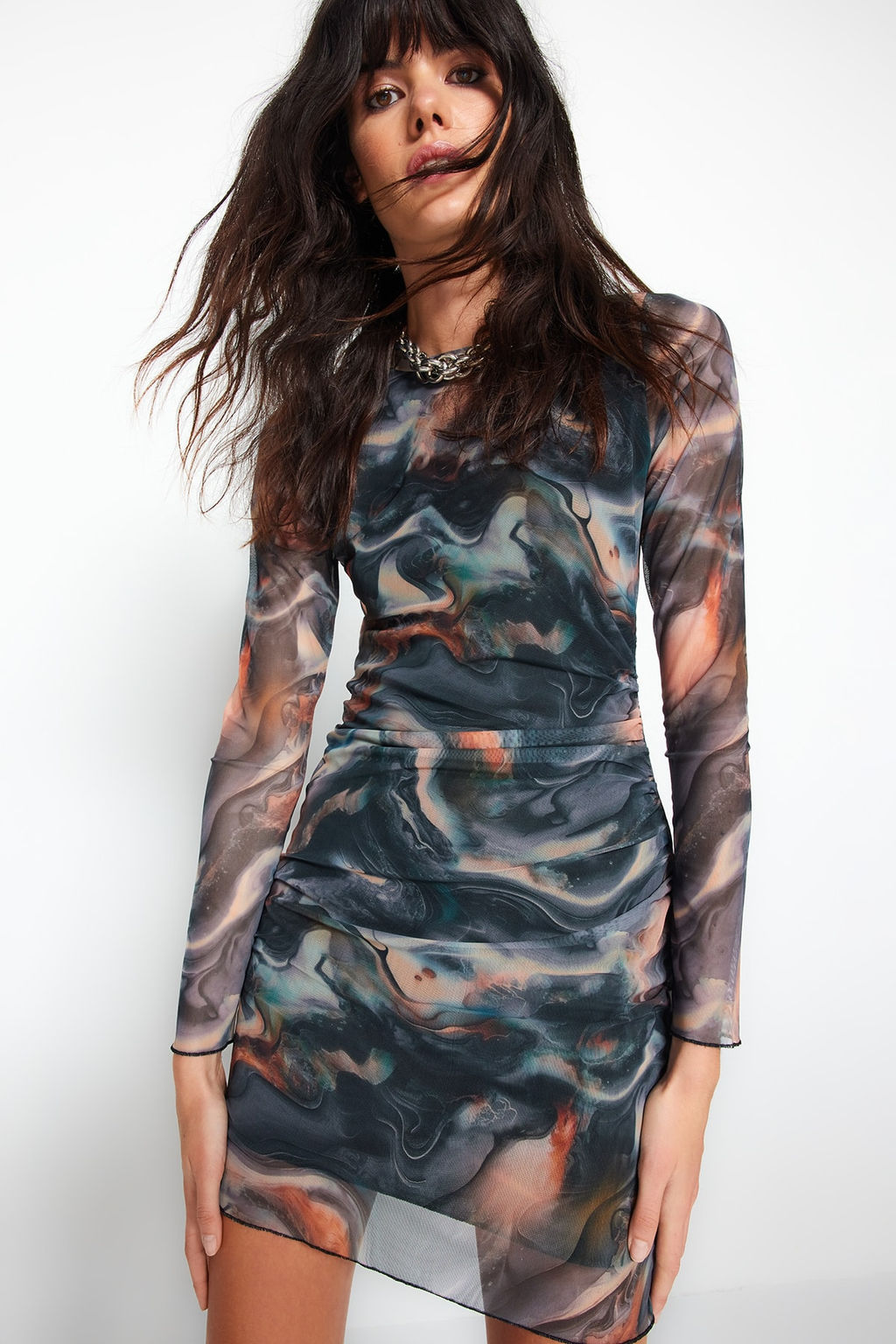 Cok Renkli Tul Buzgu/Drape Detayl? Vucuda Oturan Mini Esnek Orme Kalem Elbise TWOAW24EL00161 - Trendyolmilla фото 8