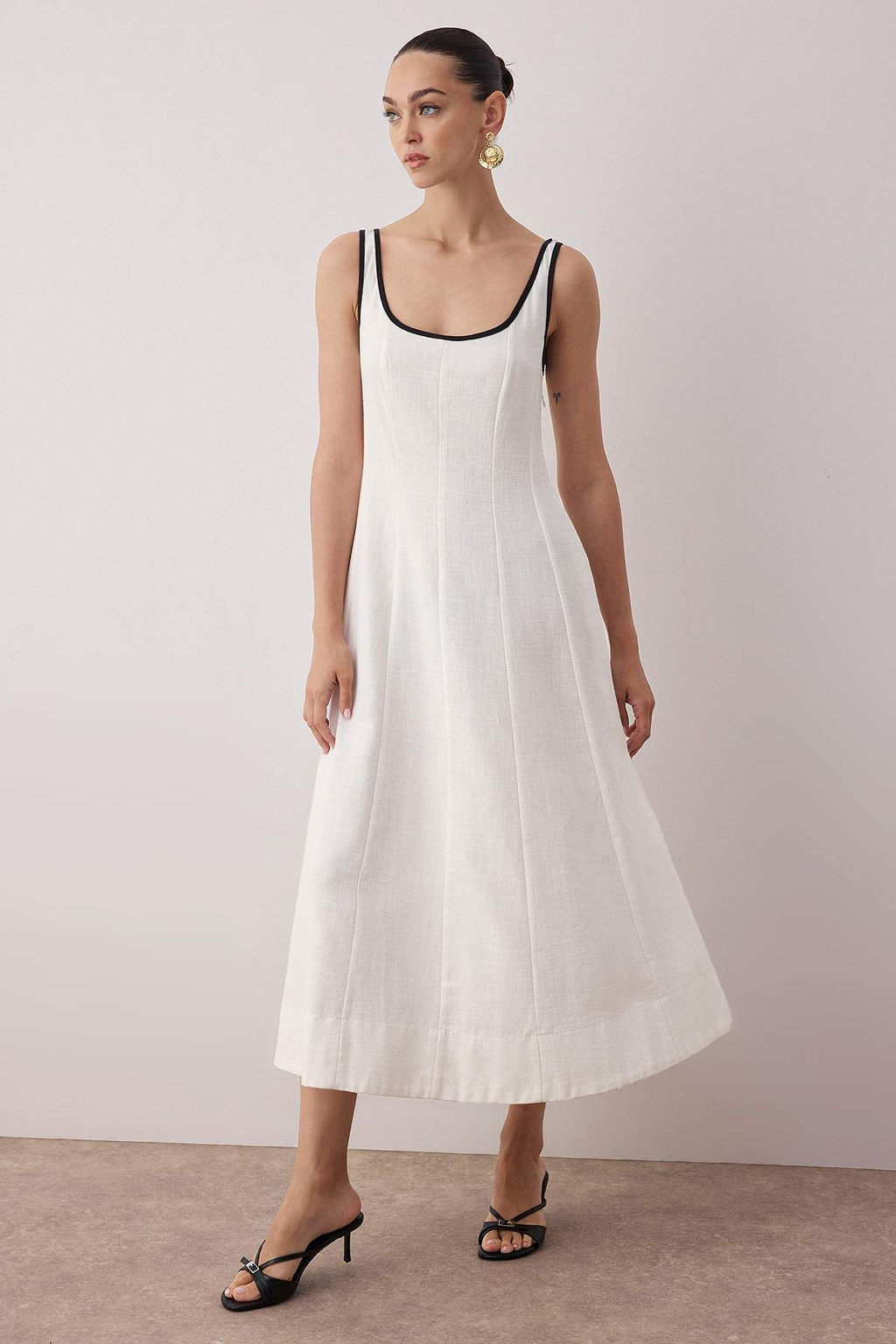 Ekru Keten Icerikli Duz Midi Dokuma Elbise TWOSS25EL00895 - Trendyolmilla фото 4