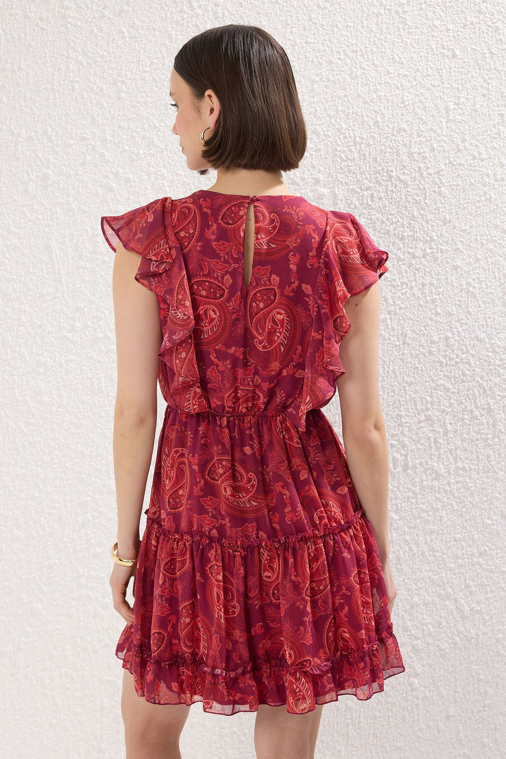 TRENDYOLMILLA Bordo Etnik Desenli Belden Ac?lan F?rf?rl? Mini Sifon Astarl? Dokuma Elbise TWOSS24EL00745  фото 4