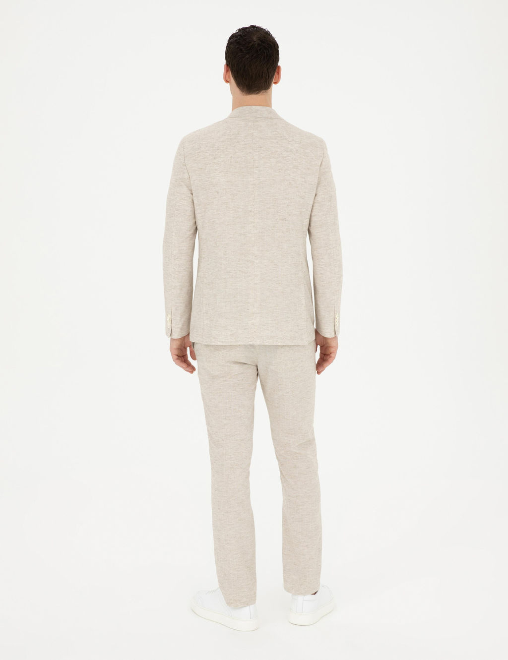 Bej Slim Fit Keten Kar___ml_ _izgili Tak_m Elbise