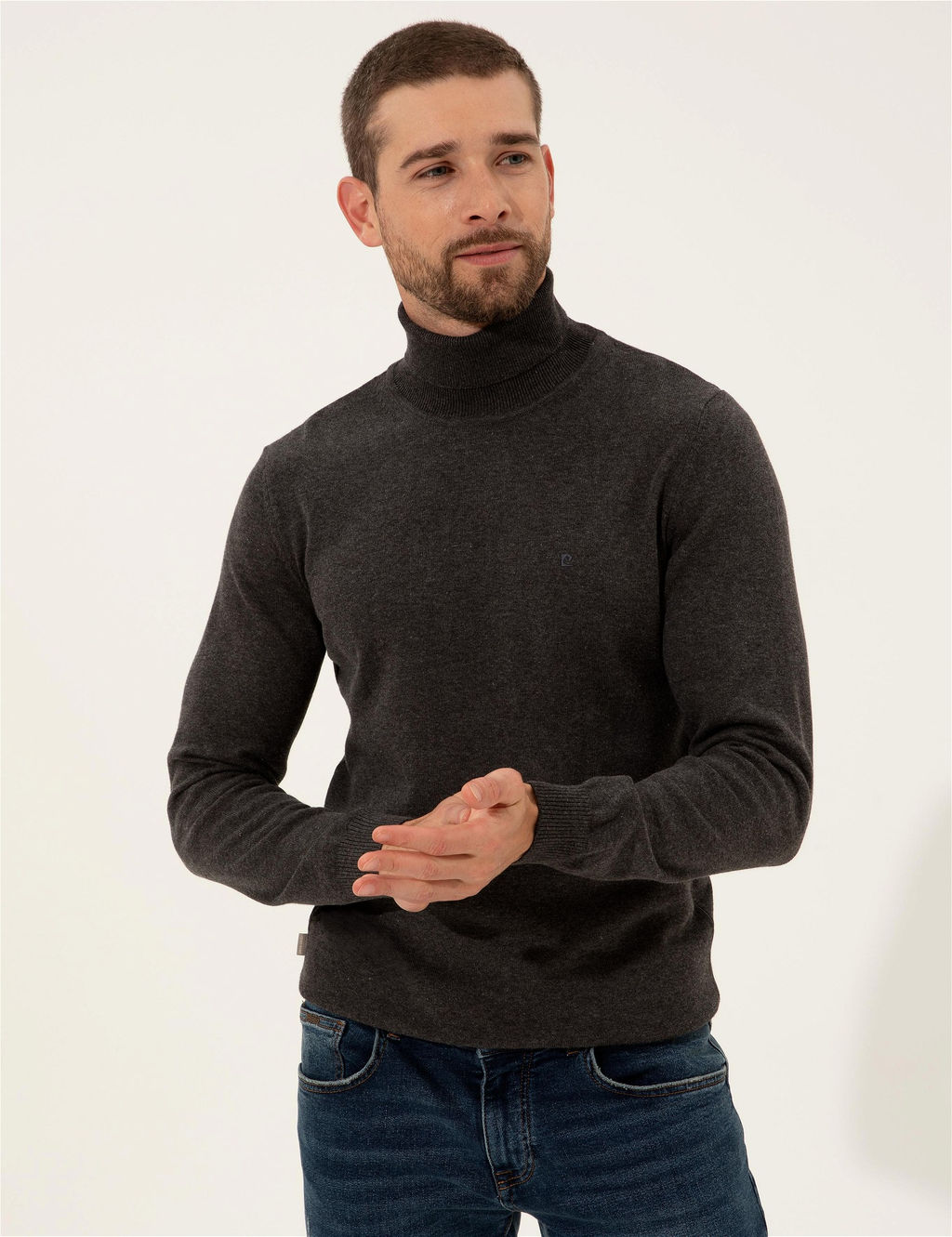Gri Melanj Slim Fit Bal_k__ Yaka Basic Triko Kazak