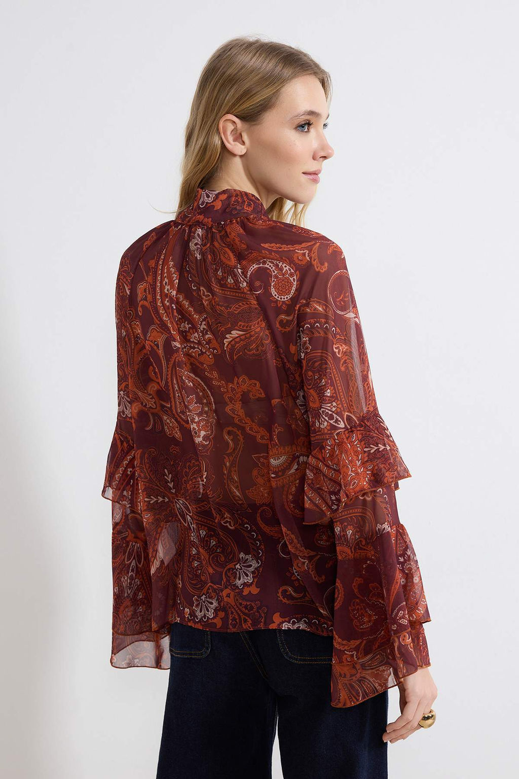 Bordo Sal Desenli Kollar? F?rf?rl? Boho Transparan Sifon Bluz TWOSS26BZ00218