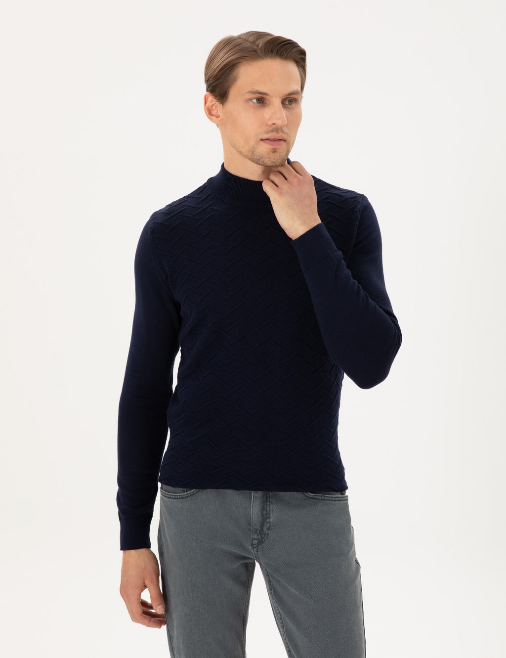 Lacivert Slim Fit Yar_m Bal_k__ Yaka Triko Kazak