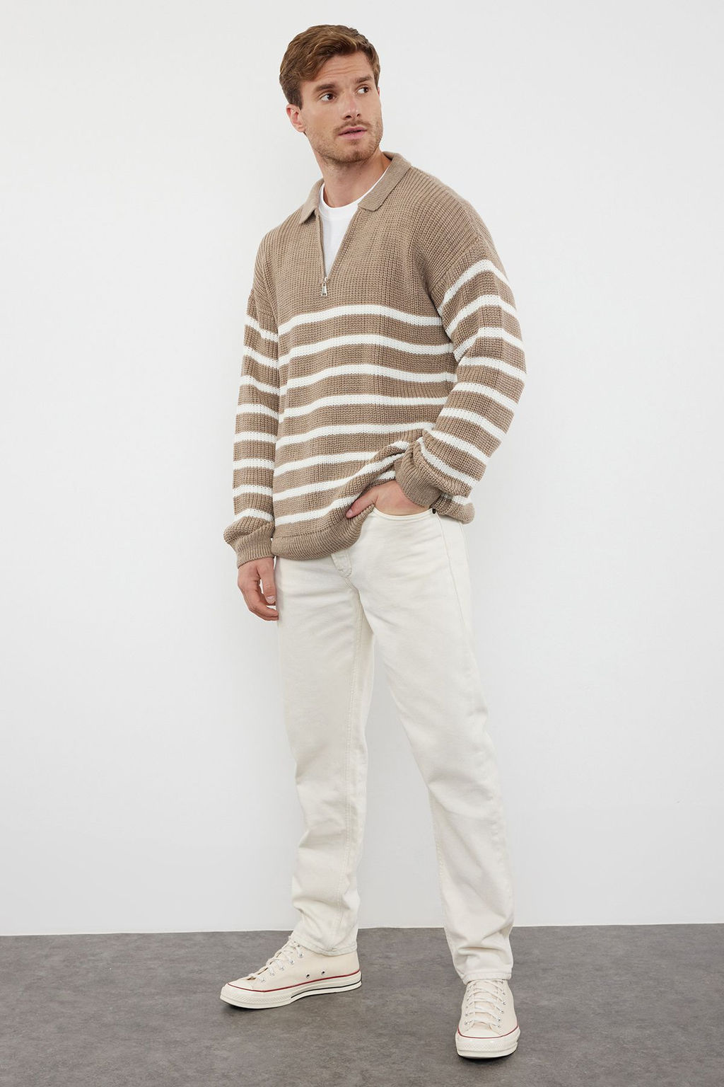 TRENDYOL MAN Vizon Casual Oversize Polo Yaka Cizgili Triko Kazak TMNAW24KZ00018 - Trendyolmilla фото 19