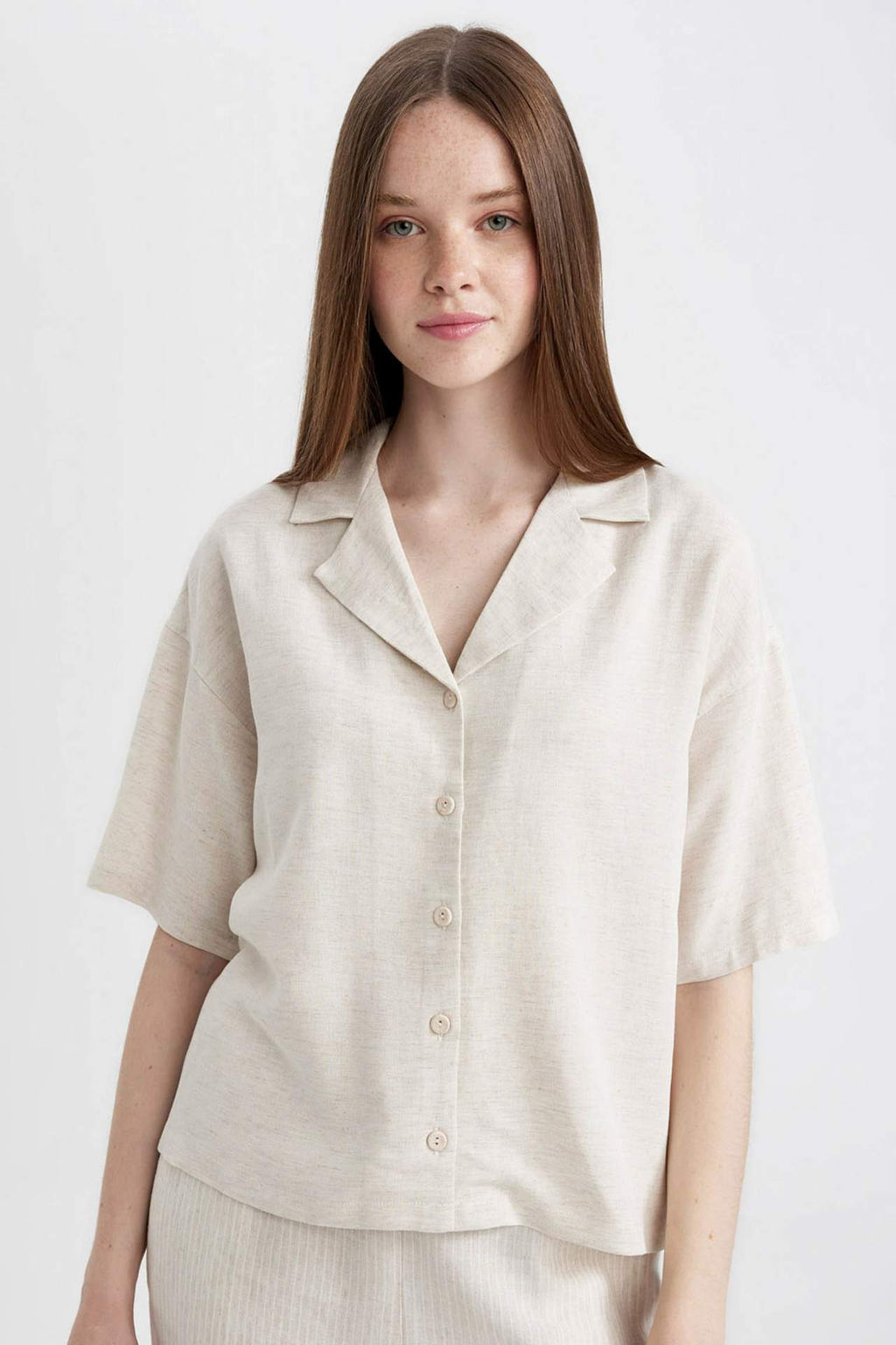 Relax Fit Ceket Yaka K?sa Kollu Keten Gomlek - Defacto фото 2