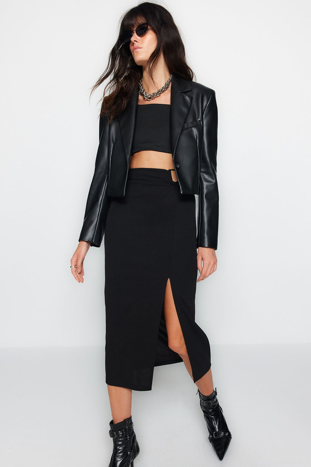 TRENDYOLMILLA Siyah Krep Tokal? Y?rtmac detayl? Maxi Yuksek Bel Esnek Orme Etek TWOAW24ET00054  фото 3