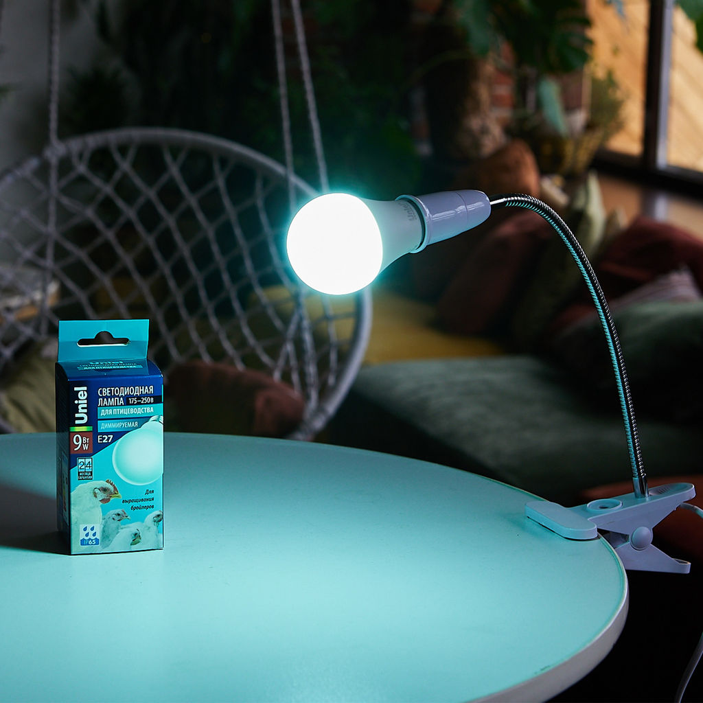 LED-A60-9W/SCBG/E27/FR/DIM IP65 PLO65WH Лампа светодиодная диммируемая для бройлеров. Спектр синий и зеленый. TM Uniel.