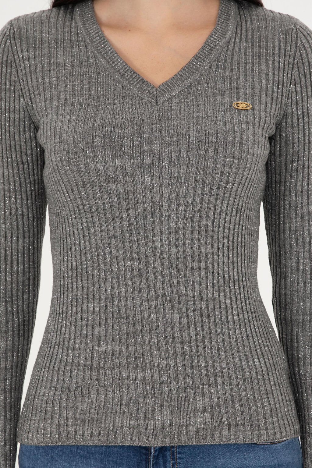 Женский серый меланжевый свитер с v-образным вырезом серебристого цвета Неожиданная скидка в корзине - U.s. polo assn фото 6