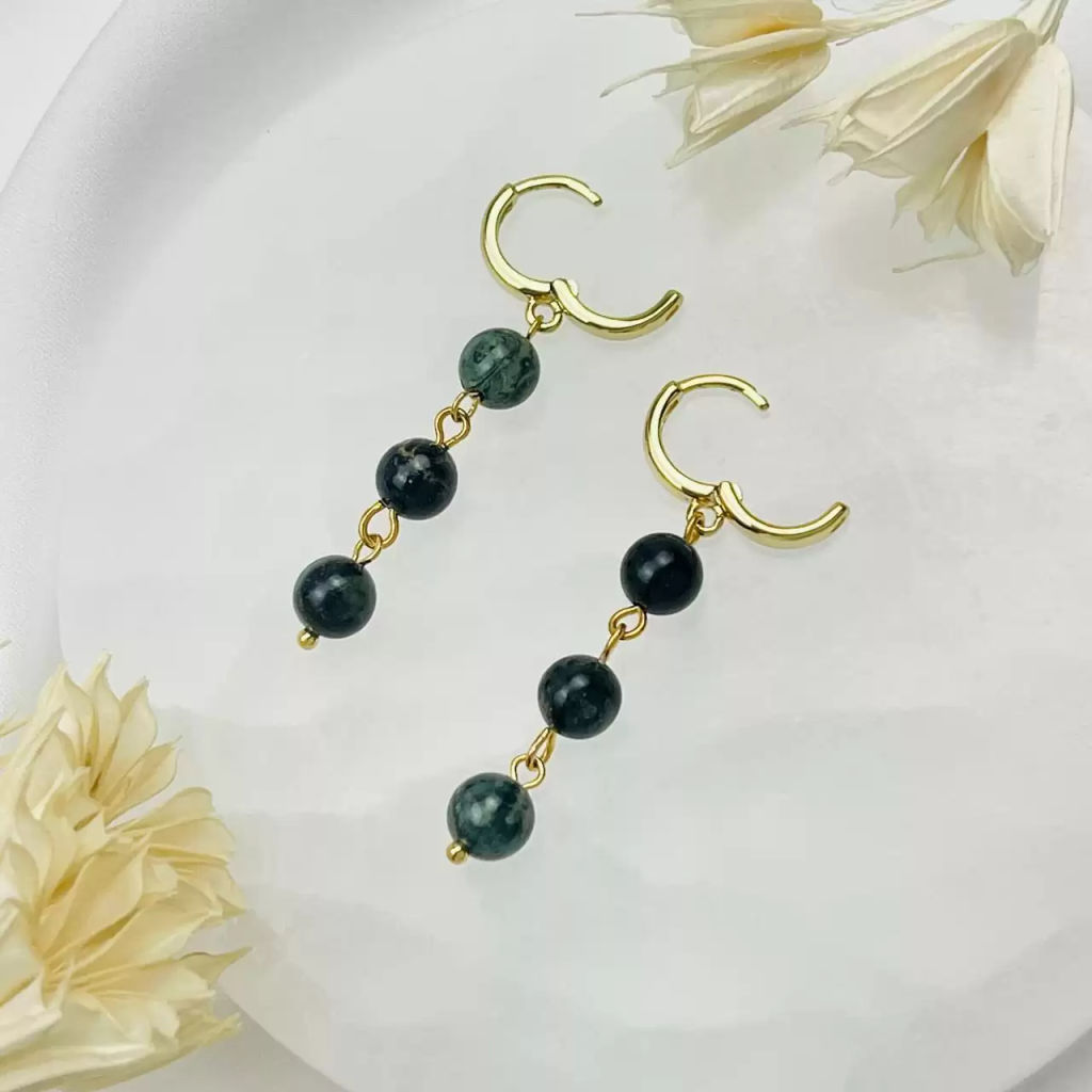 Серьги тройные из зеленой Яшмы