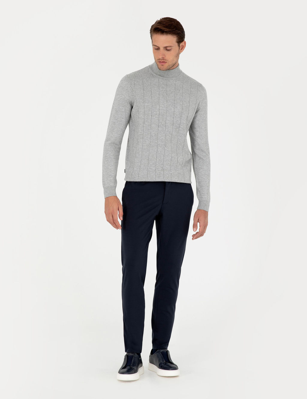 Gri Slim Fit Yar_m Bal_k__ Yaka Y_n Kar___ml_ Triko Kazak - Pierre cardin фото 4