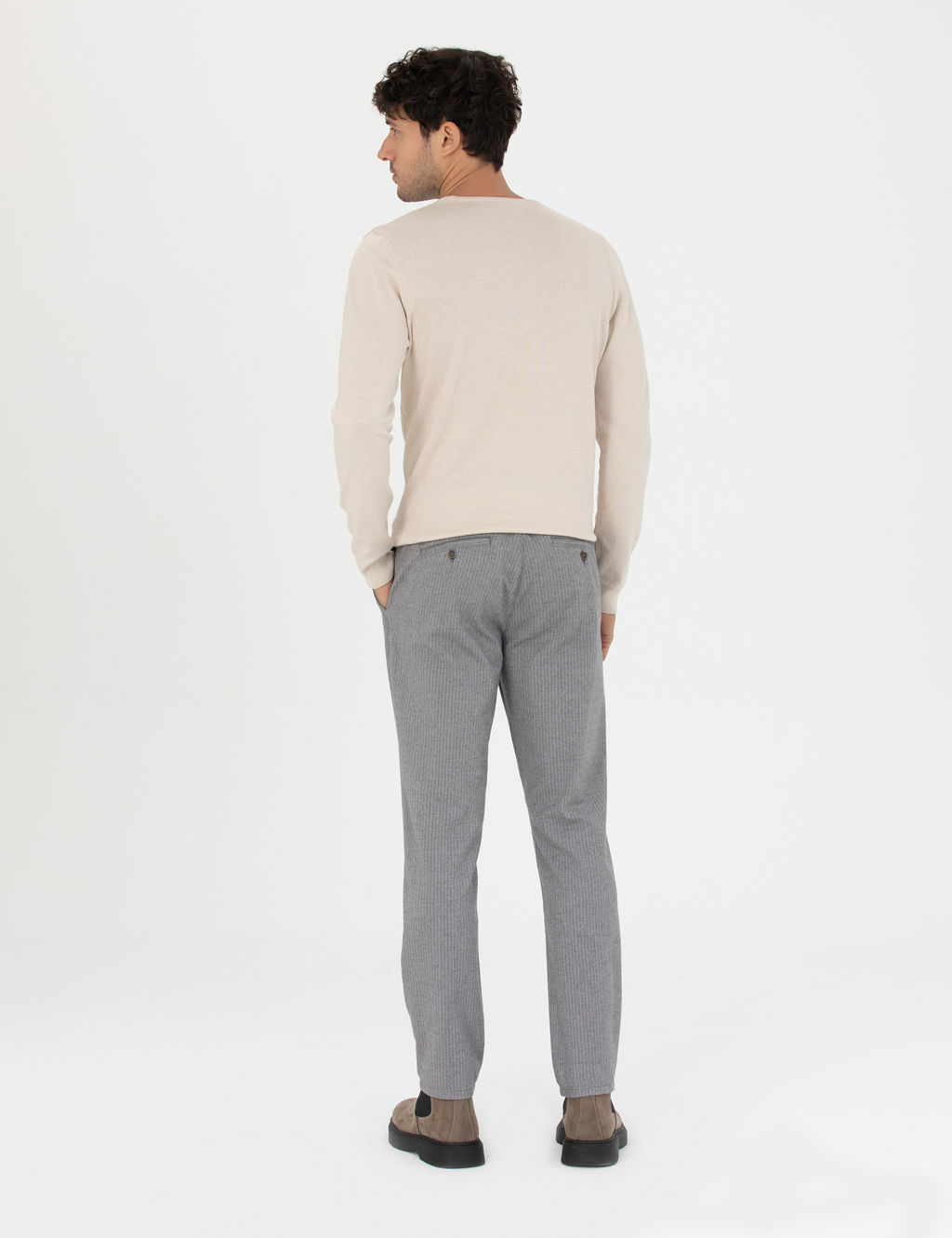 Gri Slim Fit _izgili Kanvas Pantolon