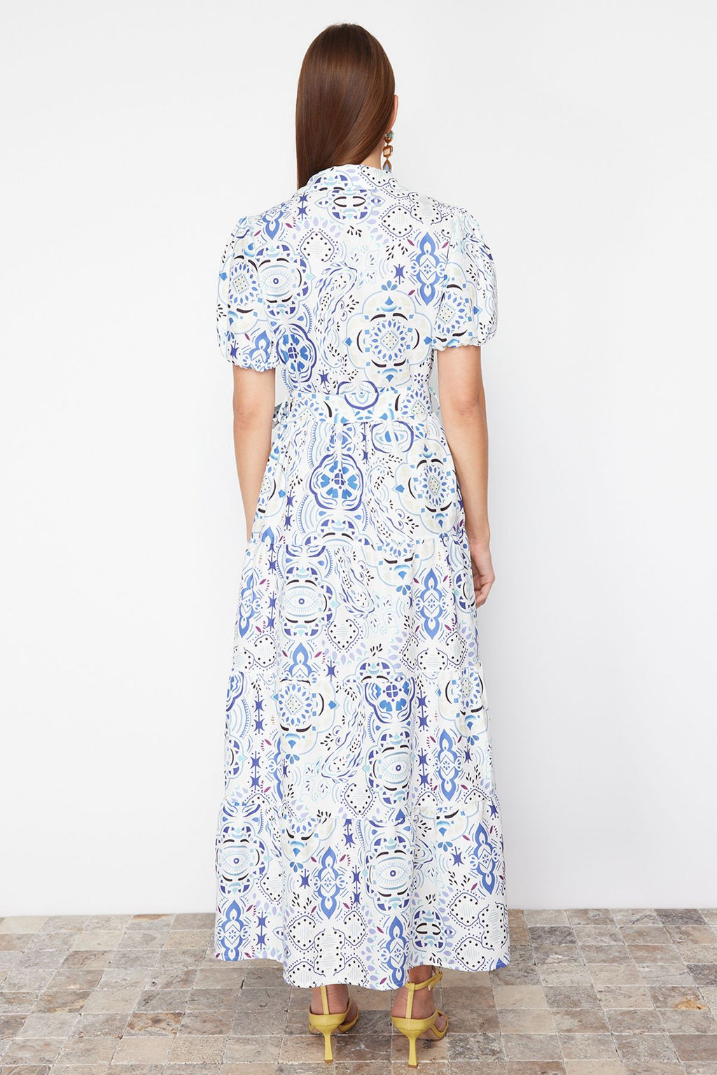 Mavi Genis Kesim Gomlek Yaka Maxi Dokuma Elbise TWOSS24EL00861