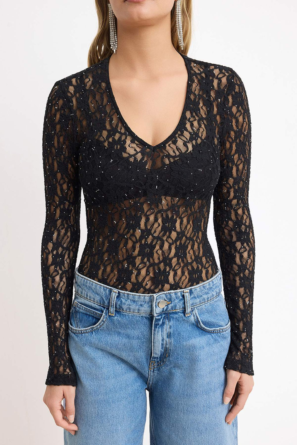 Siyah Tasl? Dantel V Yaka Astars?z Party Body TPRSS26BD00005 - Trendyolmilla фото 3