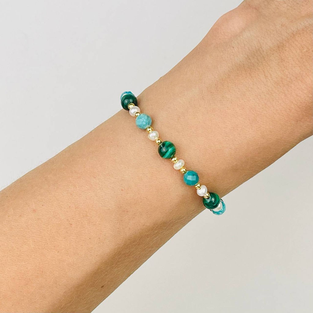 Браслет регулируемый (на здоровье и долголетие) из Малахита, Бирюзы и Жемчуга от 16 см - Радуга самоцветов фото 2