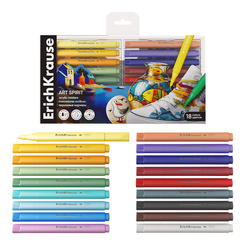 АКЦИЯ Цена за 12 шт. Цветные маркеры акриловые ErichKrause Art Spirit c пулевидным наконечником 18 цветов (в ПЭТ-боксе с европодвесом 18 шт)